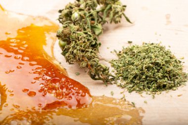 Sarı arka plan, esrar yeşil tomurcukları ve reçine üzerine yakın konsantrasyon kenevir konsantrasyonu piace Golden dab