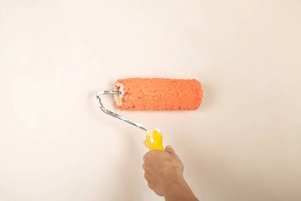 Paint Roller Workers Hand Background Wall — Stok fotoğraf