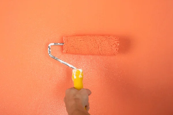 roller for painting walls on the background of a peach wall.
