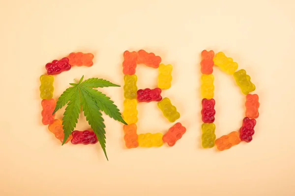Colored Cbd Candy Jelly Cannabis Green Leaf Lettering — Stock fotografie