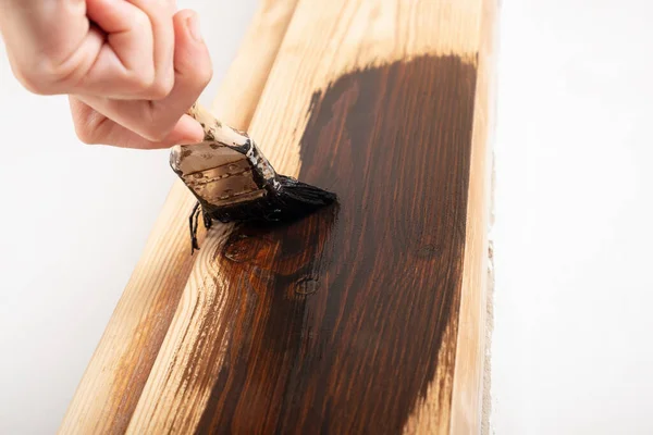 Brush Varnishing Wooden Doorway Closeup Door Restoration — Stok fotoğraf