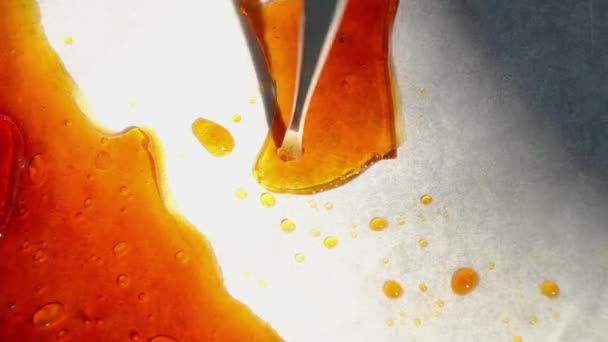 Hand Metal Stick Crush Shatter Piece Golden Wax Cannabis Extract — Vídeo de Stock