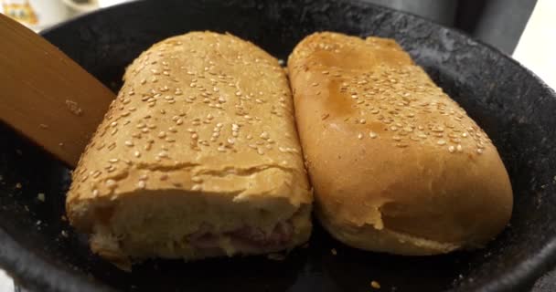 Fried Sandwich Buns Sesame Seeds Pan Wooden Kitchen Spatula High — Stok video
