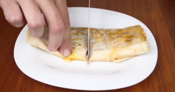 Mano Con Cuchillo Cortando Rollo Queso Con Tomates Salchicha Lavash — Vídeos de Stock