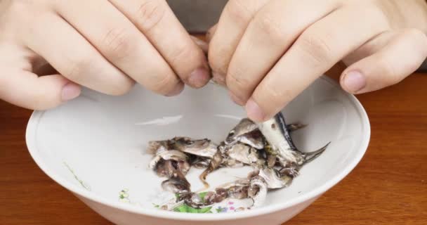 Gătit Pește Mare Sărat Curățarea Mâinilor Murate Șobolan Closeup Imagini — Videoclip de stoc