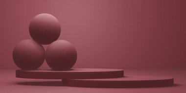 Moda kozmetik reklamları için geometrik topları olan podyum. Pembe arka planda fotokopi alanı 3d..