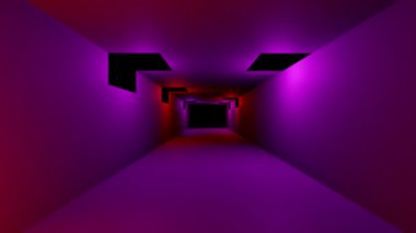 Kırmızı menekşe ışıklar ve neon renkli karanlık tünel 3D görüntüsü. Yüksek kalite 4k görüntü