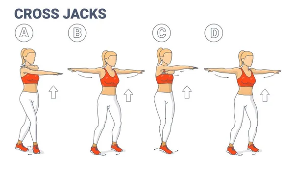 Dziewczyna robi Cross Jacks Home Workout Exercise Guide Ilustracja. Kobieta pracuje nad swoją koncepcją mięśni. — Wektor stockowy