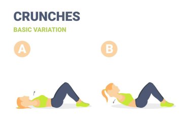 Crunches Home Egzersiz Kılavuzu Çizimi Yapan Kız. Abs Rehberi Üzerinde Çalışan Kadın.