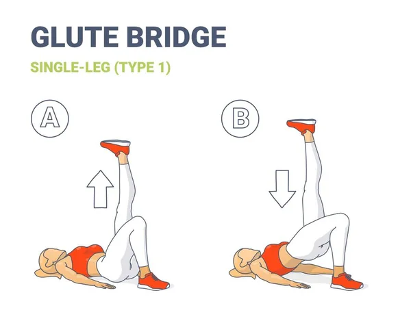 Meisje doet Single Leg Glute Bridge Home Workout Exercise Guidance. Fitness Vrouw die aerobics uitvoert — Stockvector