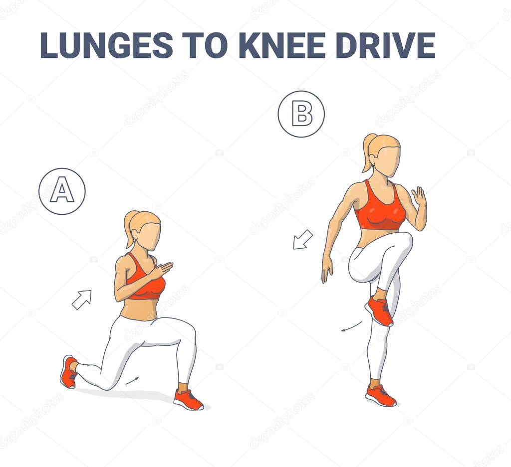 Girl Doing Lunges to Knee Drive Home Exercise Guidance. Reverse Lunges to Knee Hops Woman Workout.