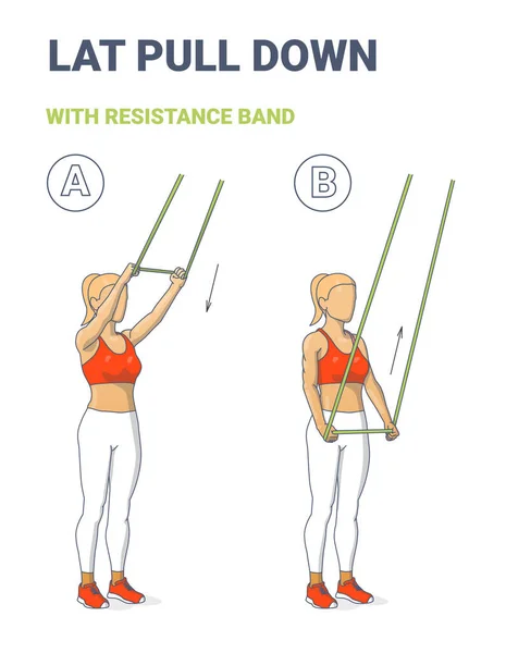 Lat Pulldown Fitness Exercise with Thin Resistance Band Guidance. Woman Exercise with Rubber Loop. — Stock Vector