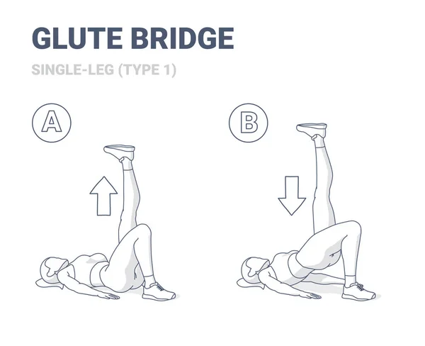 Einbeiniges Glute Bridge Home Workout Übungsanleitung. Fitness-Frau macht Aerobic — Stockvektor