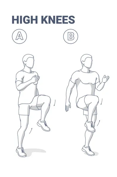 Magas térdek az embernek. Első térdemelő. Férfi Fitness narkós kocogás a helyszínen Shed Pounds gyakorlat. — Stock Vector