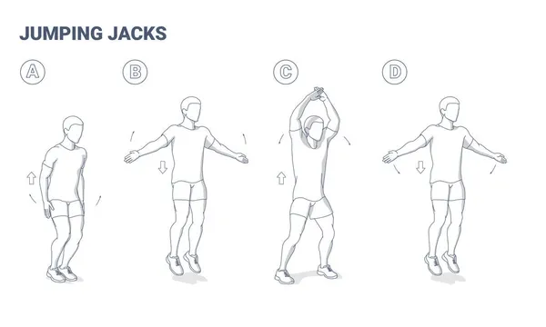 Jumping Jacks Αρχική σελίδα Άνδρες Άσκηση προπόνηση. Αστέρι άλματα ικανότητα διάνυσμα καθοδήγηση για να ρίξει λίρες. — Διανυσματικό Αρχείο