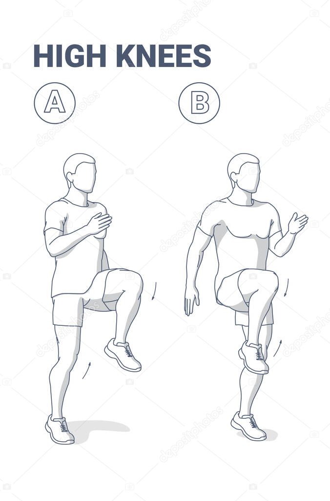 High Knees for Man. Front Knee Lifts. Male Fitness Junkie Jogging on the Spot Shed Pounds Exercise.
