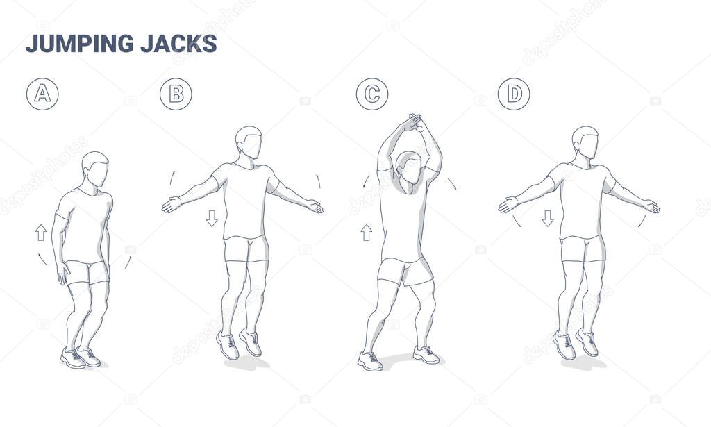 Jumping Jacks Home Men Workout Exercise. Star Jumps Fitness Vector Guidance To Shed Pounds.
