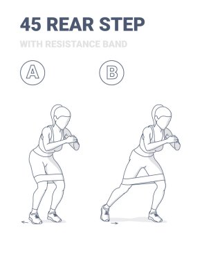 45 derece Regree Rear Step with Resistance Band Cardio Bunny Egzersizi. Fitness bandıyla Geri Adım.