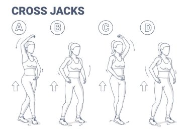 Cross Jacks Kardiyo Tavşanı Egzersiz Kılavuzu Çizimi. Kas Rengi Konsepti Üzerinde Çalışan Kız.