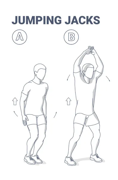 Jumping Jacks Exercício para Fitness Junkie Man. Saltos de estrelas. Jacked masculino faz o lado Straddle Hop. — Vetor de Stock