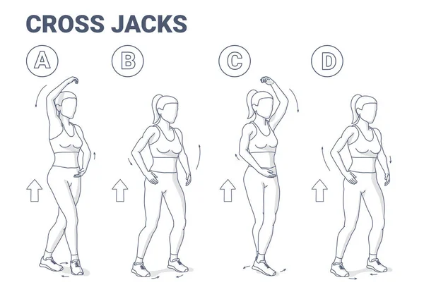 Cross Jacks Cardio Bunny Guia de Exercício Ilustração. Menina trabalhando em seus músculos conceito colorido. —  Vetores de Stock