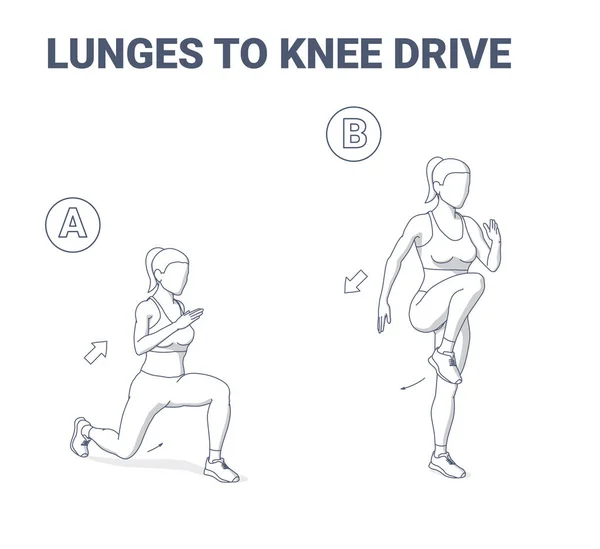 Lunges to Knee Drive Cardio Bunny Home Exercise Guidance. Keer Lunges om naar Knie Hop. — Stockvector