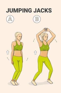 Jumping Jacks veya Star Jumps Fitness Egzersizi. Yan Düz Zıpla Sıralı Kılavuz.