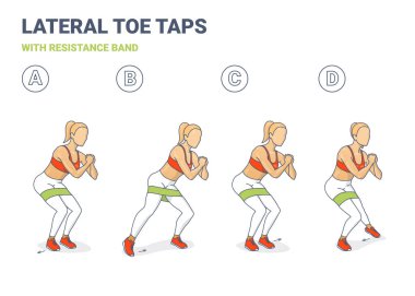 Direniş grubuyla yan basamaklar. Mini bantlı Kadın Egzersizi ile Lateral Toe Taps.