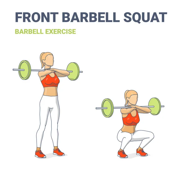 A lány a Front Barbell Guggolást gyakorolja. Női guggolás rúd edzés útmutató. — Stock Vector