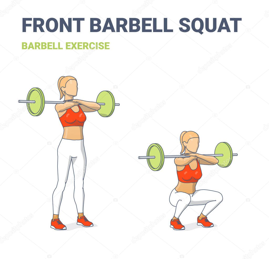 Girl doing Front Barbell Squat Exercise. Woman Squats with Rod Workout Guidance.