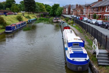 Chester, UK: Jul 3, 2022: A general scene of the Shropshire Union Canal in Chester, with narrow boats moored in the Williams Moorings