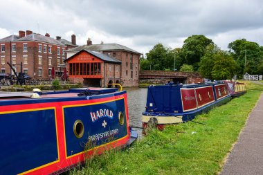 Chester, UK: Jul 3, 2022: A general scene of the Shropshire Union Canal in Chester, with narrow boats moored in the canal basin