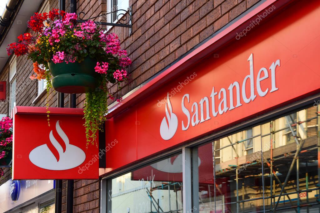Holywell, Flintshire, UK: Aug 14, 2022: Santander have a bank branch in the small North wales market town of Holywell