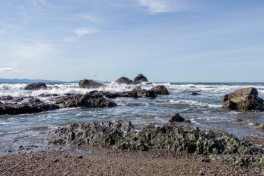 Dalgalar Sombrio Sahili, Port Renfrew, British Columbia, Kanada 'da kayalara çarpıyor.