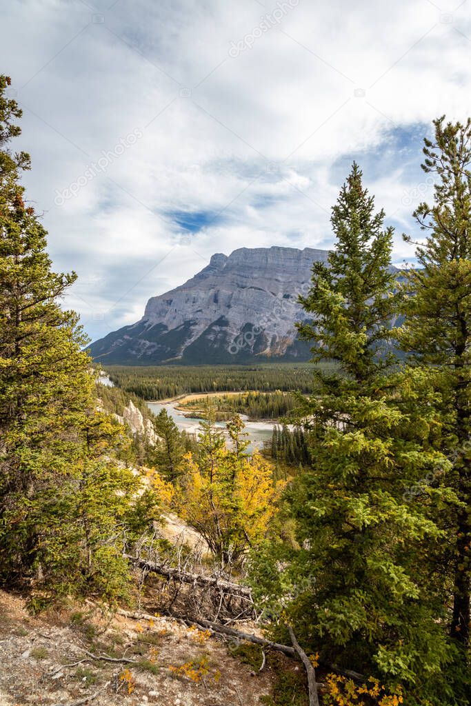 View from the Banff Hoodoos Trail of the Bow River and The Canadian Rocky Mountains in Alberta, Canada