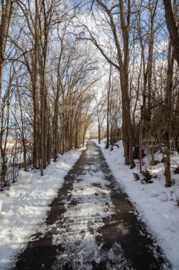 Bir kış günü, Osoyoos 'ta, Britanya Kolumbiyası' nın Kanal Yürüyüşü 'ndeki kaldırımlı patikada kar yağar.