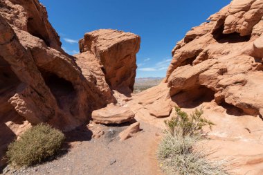 Red rocks and mountains in the desert at Lake Mead Recreation Area in Nevada, USA
