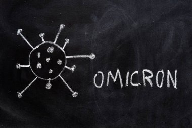 Covid 19 virüsünün varyasyonu, omicron, tebeşirli bir tahtaya çizilmiş.