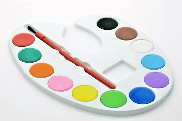 Palette Plastique Avec Différentes Couleurs Peinture Aquarelle — Photo