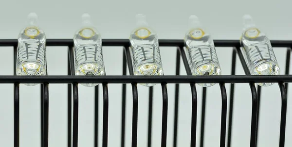 Row Glass Ampoules Coronavirus Vaccine — Fotografia de Stock