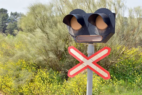 Barrier Free Level Crossing Sign Traffic Light Outskirts City — ストック写真