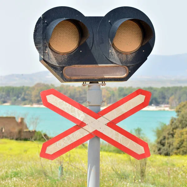 Barrier Free Level Crossing Sign Traffic Light Outskirts City — ストック写真