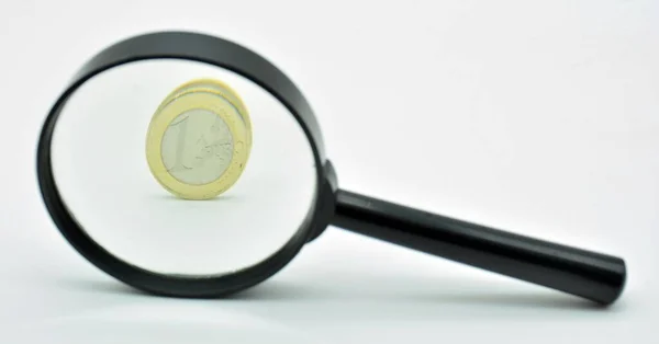 One Euro Coin Observed Magnifying Glass Isolated White — Fotografia de Stock