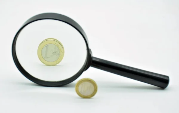 One Euro Coin Observed Magnifying Glass Isolated White — Fotografia de Stock