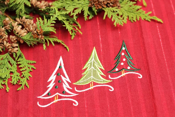 Christmas tablecloth with fir branch Stock Photo