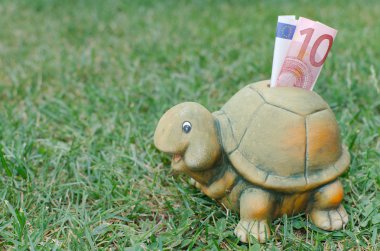 10 euro banknot ile mutlu kaplumbağa piggy banka