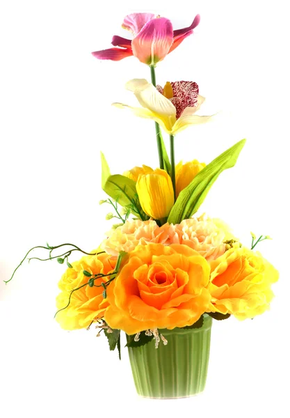 Multicolored flowers in a vase, isolated on white background — Stock Photo, Image