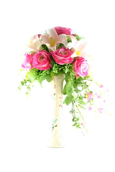 Fiori multicolori in vaso, isolati su fondo bianco — Foto Stock