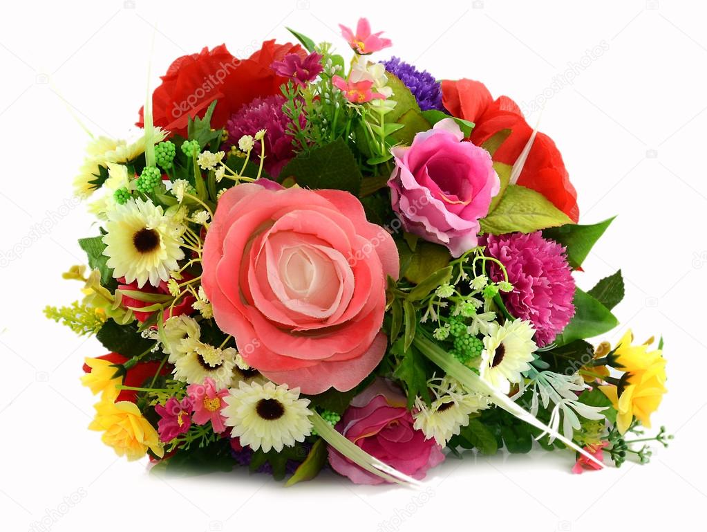 Colorful Artificial Flower Arrangement on white background