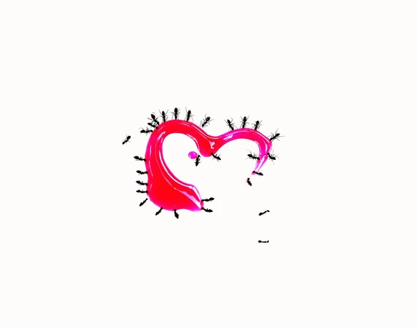 Sciroppo rosso a forma di cuore con formiche — Foto Stock